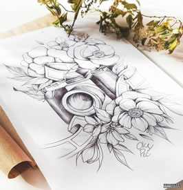 黑灰线条相机花纹身手稿