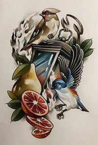 色彩小鸟灯水果纹身手稿