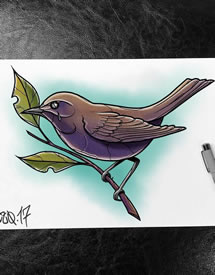 色彩小鸟树枝纹身手稿