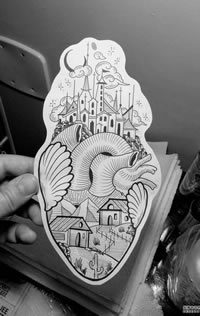 线条心脏城堡纹身图案