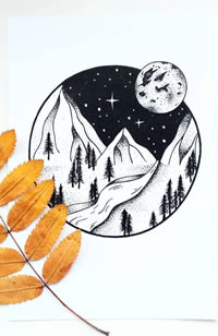 黑灰星空山峰纹身手稿