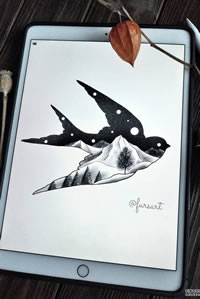 黑灰燕子山峰纹身图案