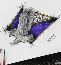 色彩黑灰鹰几何星空纹身手稿