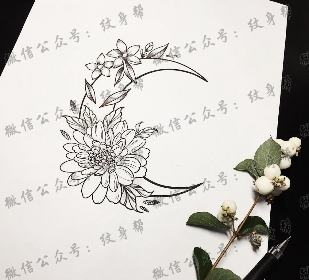 线条月亮花纹身手稿