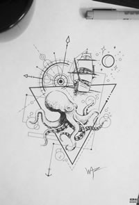 线条章鱼几何纹身手稿