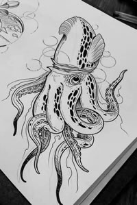 黑灰章鱼纹身手稿