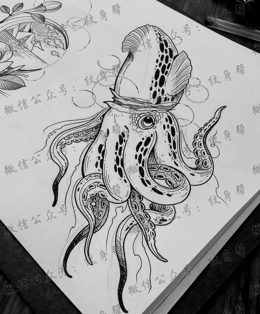 黑灰章鱼纹身手稿