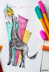 色彩长颈鹿纹身手稿