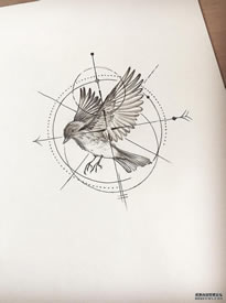 黑灰鸟线条纹身手稿