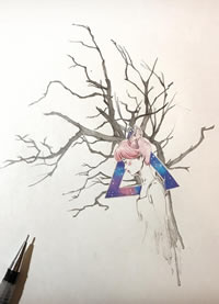 色彩女孩枯树纹身手稿