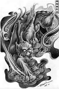 招财神兽貔貅纹身黑白手稿