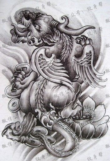 招财神兽貔貅纹身黑白手稿