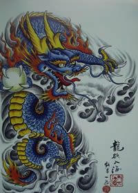 半甲彩色龙纹身图案手稿大全