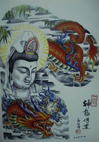 半甲彩色龙观音纹身图案手稿大全