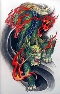 大气经典的火麒麟纹身图案素材