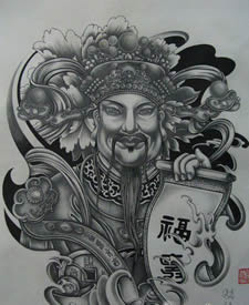 中国传统独特的财神纹身手稿素材
