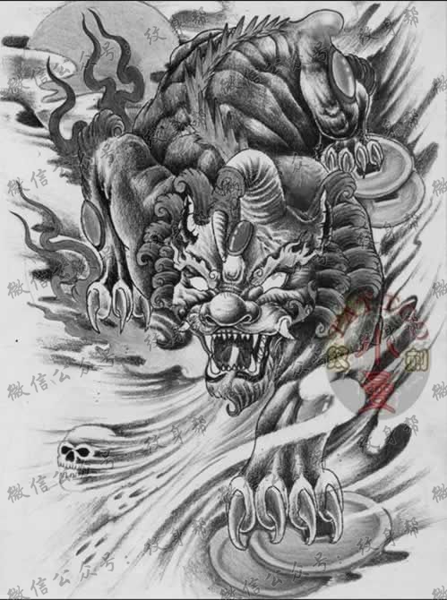 纹身素材凶猛神兽手稿