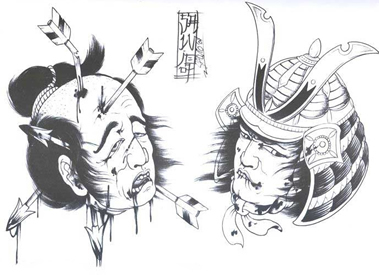 一款日本武士头颅纹身手稿