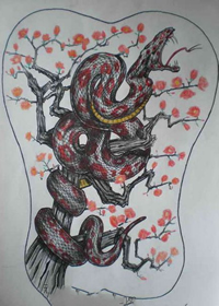 超帅的满背蛇梅花纹身手稿