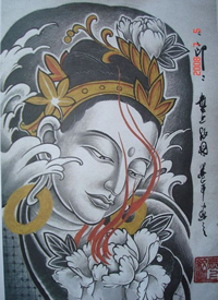 经典的观音牡丹纹身手稿