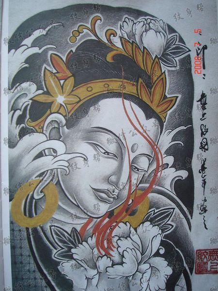 经典的观音牡丹纹身手稿