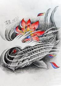 一款简单的鲤鱼莲花纹身手稿