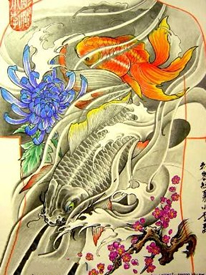 超好看的满背鲤鱼菊花纹身手稿
