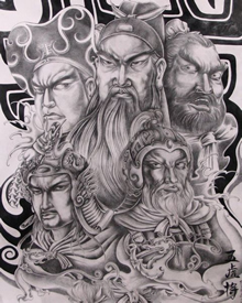 满背五虎将肖像纹身手稿