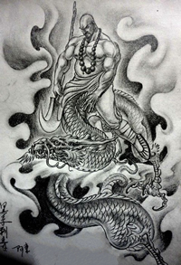 另类的一款满背降龙罗汉纹身手稿