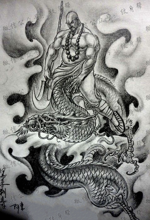 另类的一款满背降龙罗汉纹身手稿