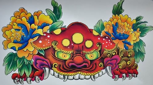 漂亮的彩色唐狮与牡丹纹身图案