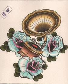 一款欧美风格的玫瑰花与留声机纹身图案