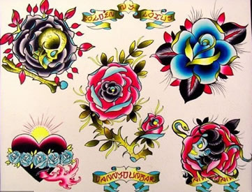 一组漂亮的彩色玫瑰花纹身图案