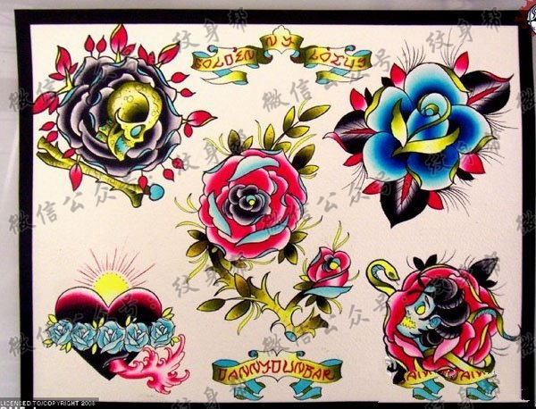 一组漂亮的彩色玫瑰花纹身图案
