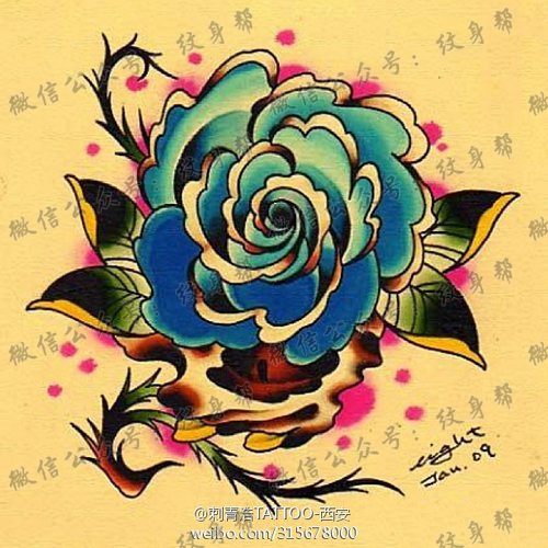 一组漂亮的彩色玫瑰花纹身图案