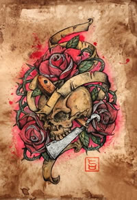 时尚精美的new school骷髅玫瑰花纹身图案