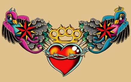 漂亮时尚的爱心与小燕子纹身手稿