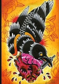 一款时尚经典的old school乌鸦纹身图案