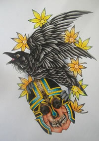 一款潮流时尚的乌鸦纹身手稿