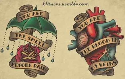 一组漂亮精美的玫瑰花与心脏纹身手稿