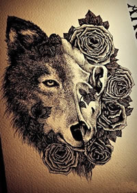 一款另类超酷的狼头纹身手稿