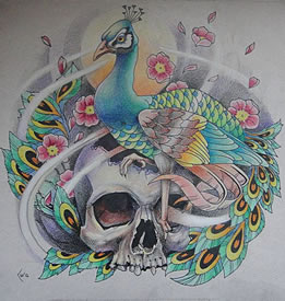 一款漂亮的孔雀与骷髅纹身手稿
