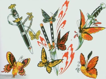 一款漂亮精美的蝴蝶与匕首纹身手稿