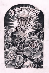 漂亮唯美的黑灰玫瑰花与钻石纹身手稿