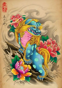 一款漂亮很帅的唐狮子纹身图案