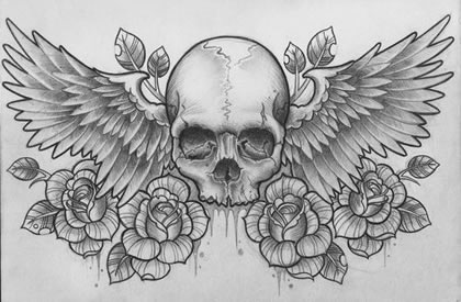 经典潮流的一款骷髅翅膀纹身手稿