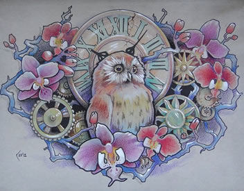 潮流经典的猫头鹰与表纹身手稿