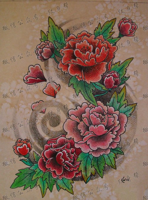 一款为潮流的传统彩色牡丹纹身图案