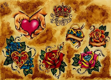 一组潮流时尚的玫瑰花爱心锁与钥匙纹身图案