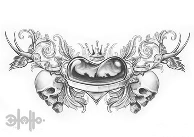 一款潮流很酷的爱心与骷髅纹身手稿